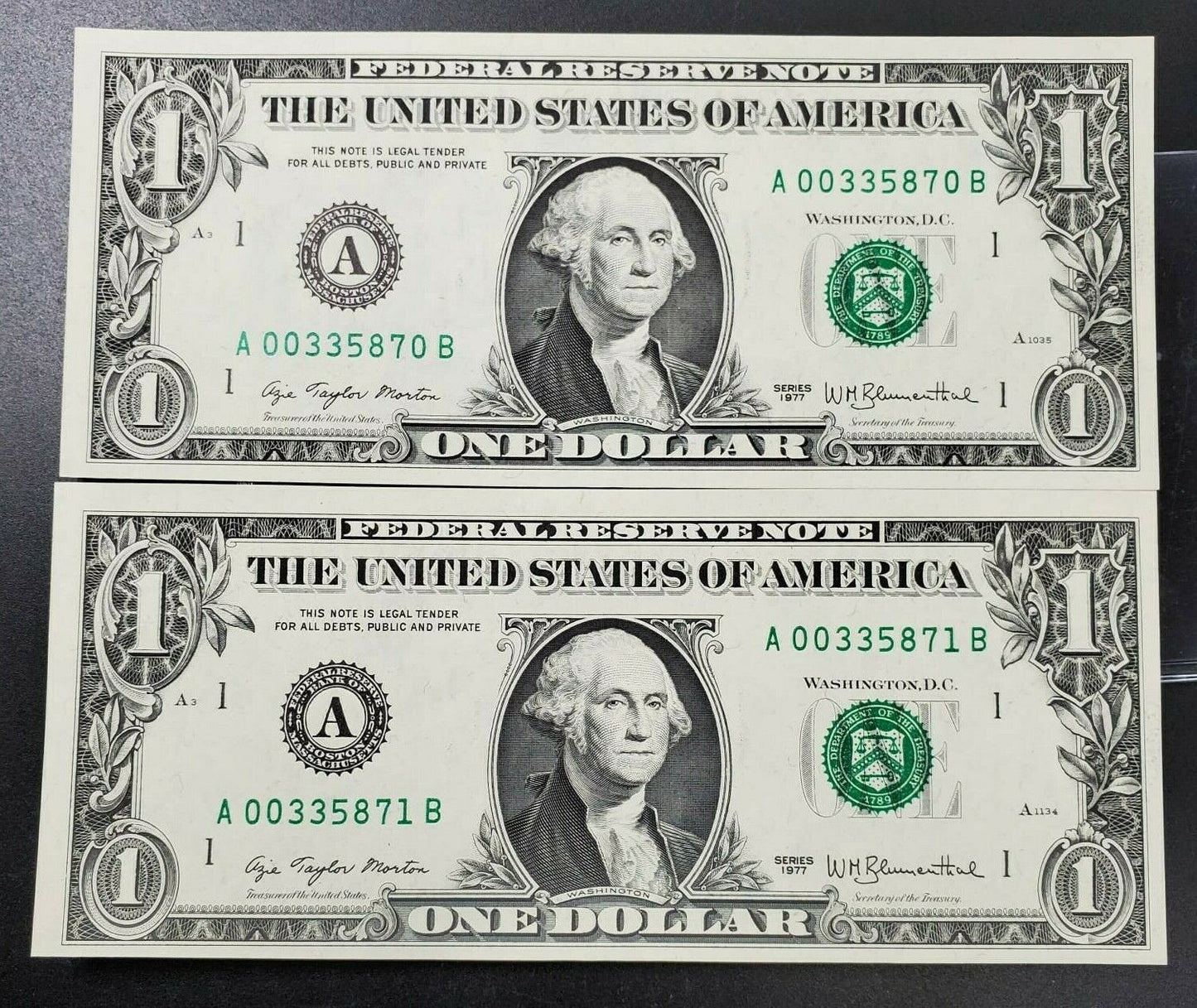 Consecutive Pair 2 1977 $1 FRN Federal Reserve Note Green Seal Low Serial #s UNC