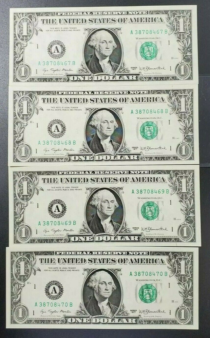 4 Consecutive 1977 $1 FRN Federal Reserve Note Green Seal Choice UNC