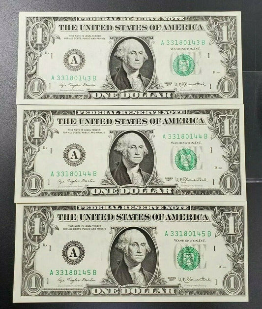 3 Consecutive 1977 $1 FRN Federal Reserve Note Green Seal Choice UNC Boston