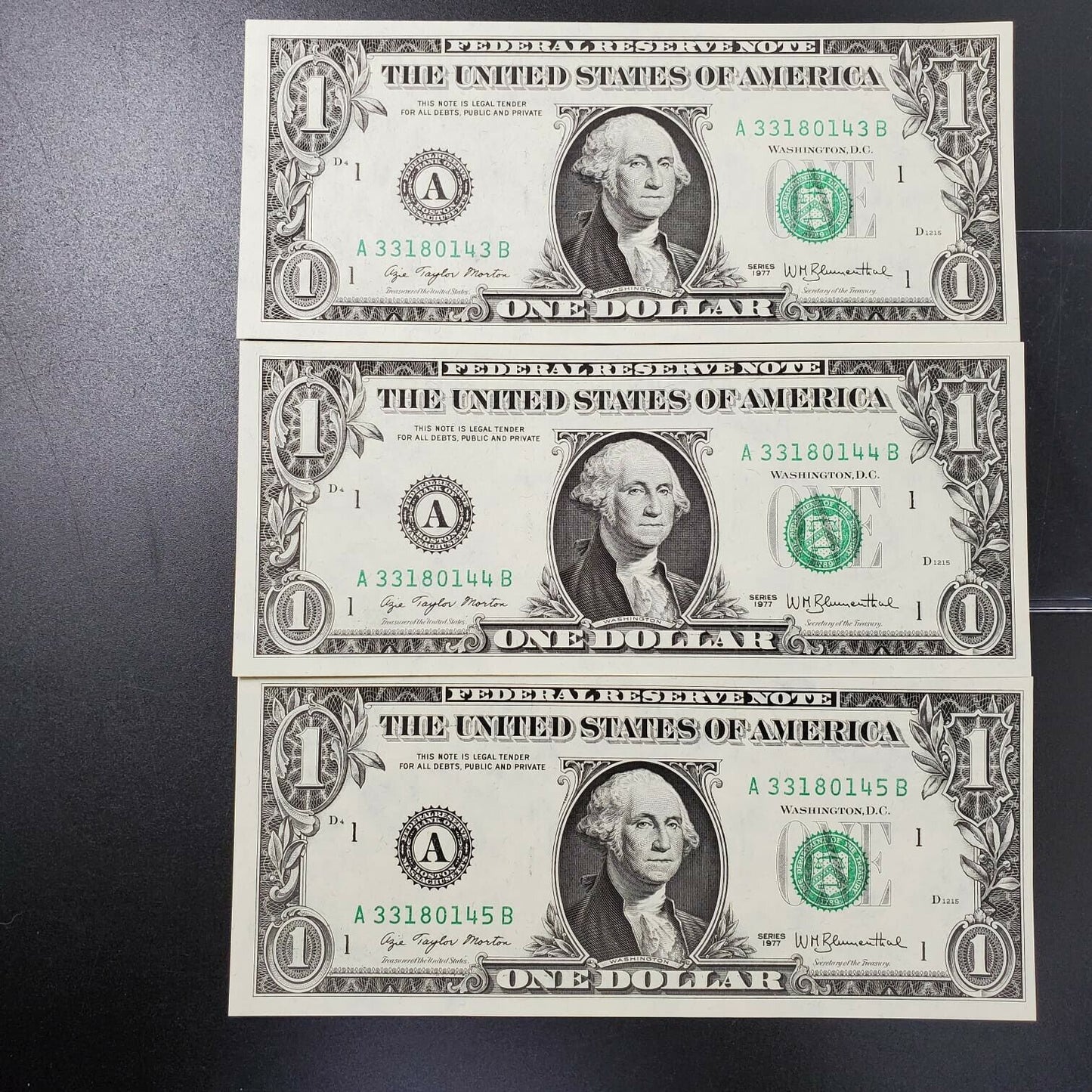 3 Consecutive 1977 $1 FRN Federal Reserve Note Green Seal Choice UNC Boston
