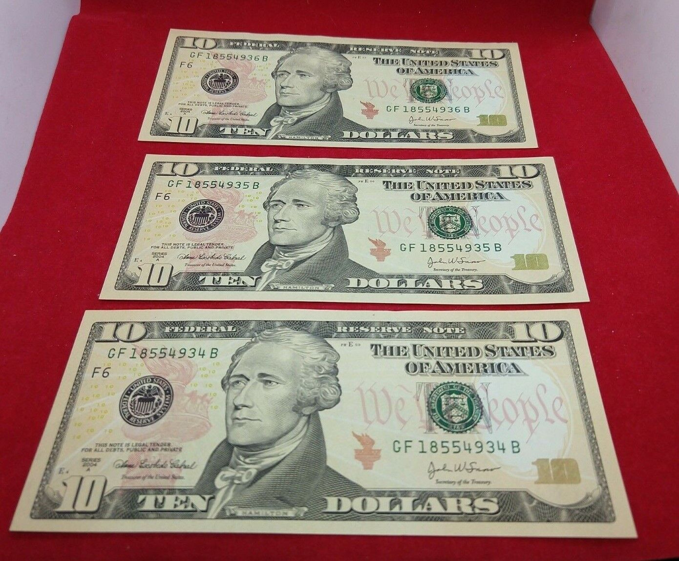 Lot 3 Consecutive 2004 A FRN $10 Federal Reserve Notes Choice Uncirculated