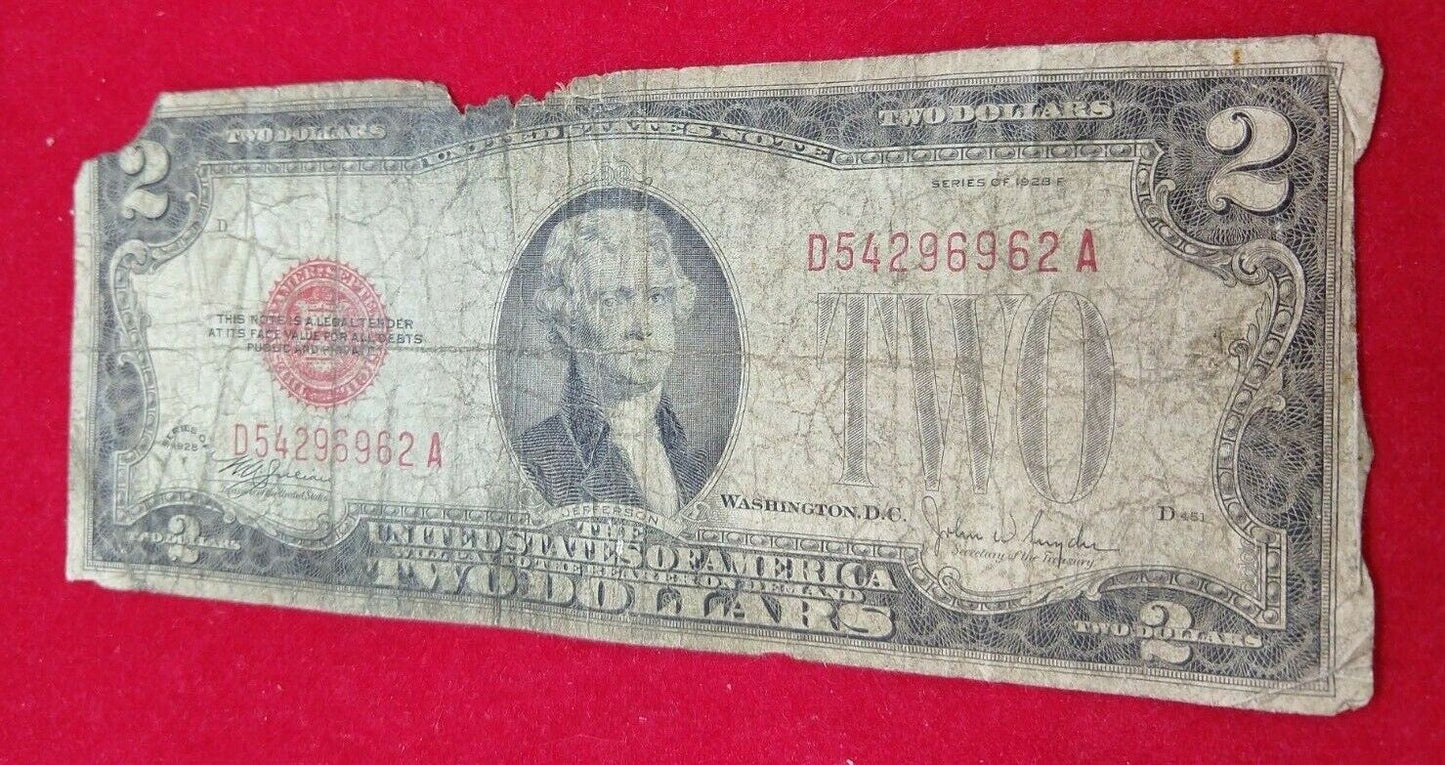 1928 F $2 United States Currency Legal Tender Note Very Circulated Non Mule
