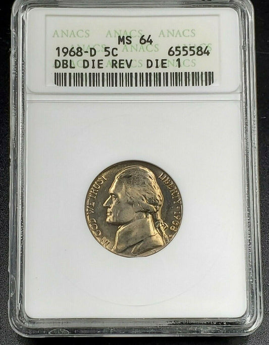 1968 D Jefferson Nickel Variety ANACS MS64 DDR 001 Double Die Reverse DMR-008