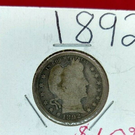 1892 P Barber Silver Quarter Coin Choice AG/Good Full Date First Year of Issue