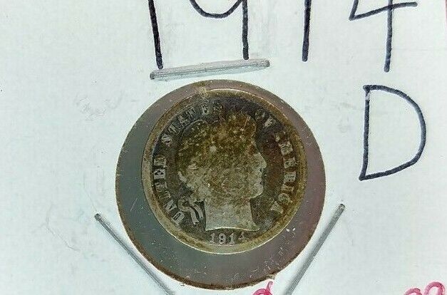 1914 D Barber DIME Silver Coin Average Circulated Neat Toning Obverse