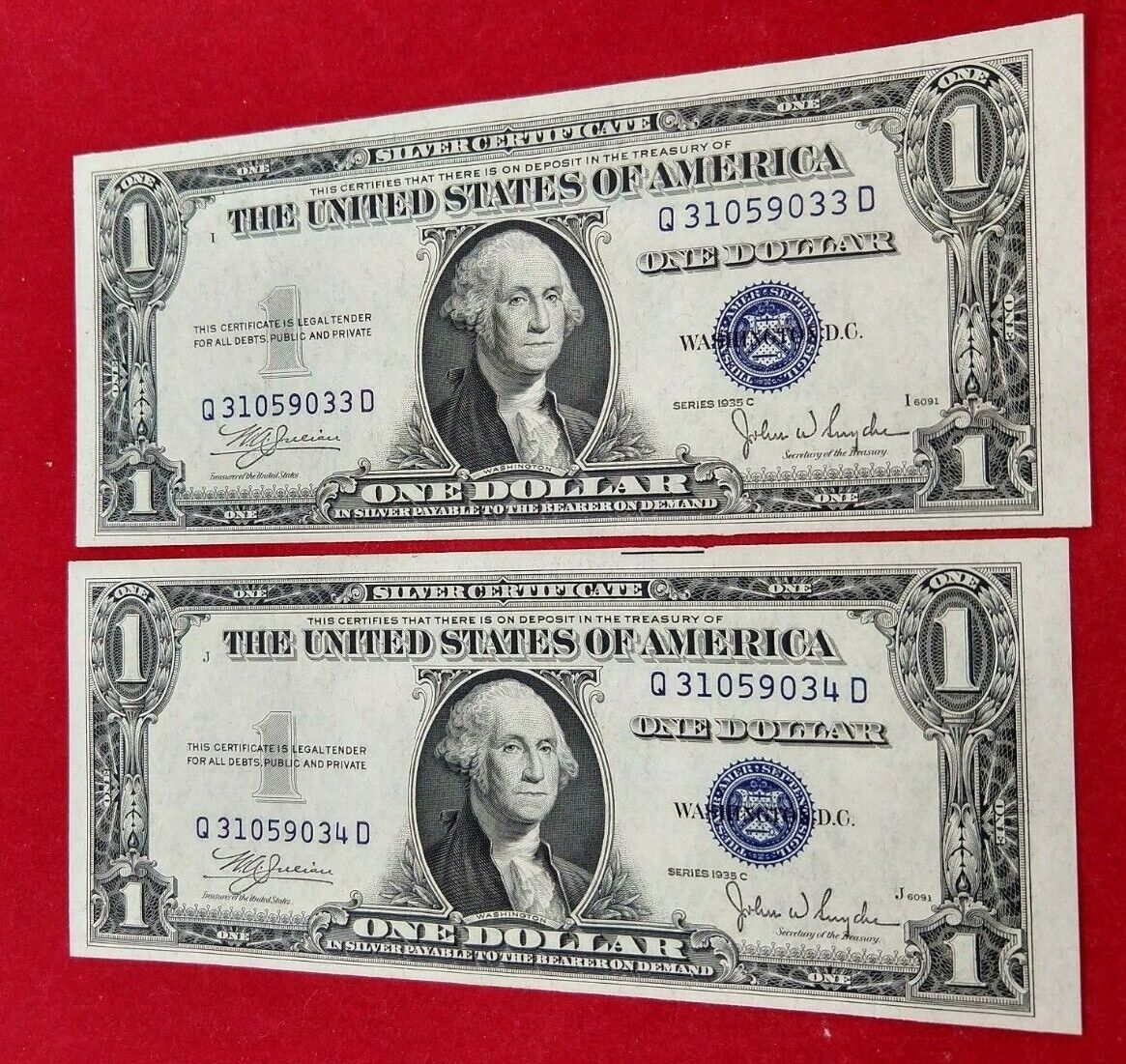 Consecutive PAIR 1935 C $1 Silver Certificate Blue Seal Bills CH UNC I & J BLOCK