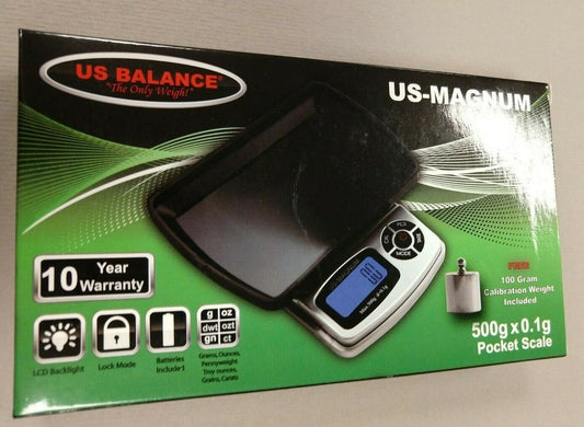 US BALANCE MAGNUM 500G X 0.1G DIGITAL COIN JEWELRY POCKET SCALE NEW W/ WEIGHT
