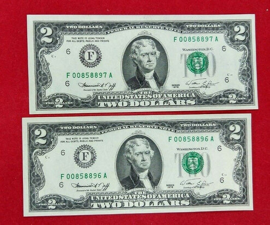 2 Consecutive 1976 $2 CH UNC BICENTENNIAL 2 REPEAT SERIAL # FEDERAL RESERVE NOTE