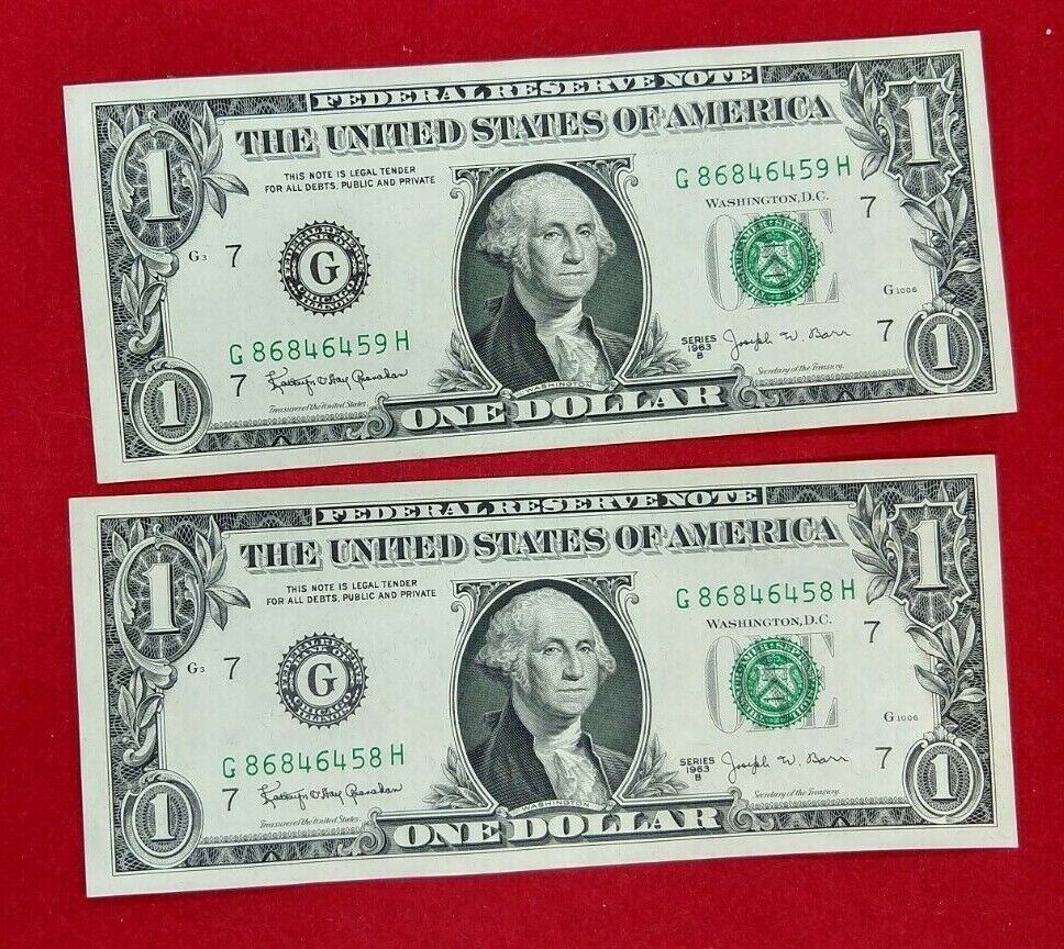 2 CONSECUTIVE 1963 B $1 FRN Federal Reserve BARR Note AVG UNCIRCULATED