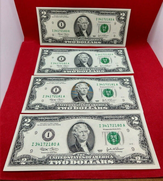 LOT OF 4 CONSECUTIVE 2003 $2 FRN FEDERAL RESERVE NOTE GREEN SEAL CH UNC