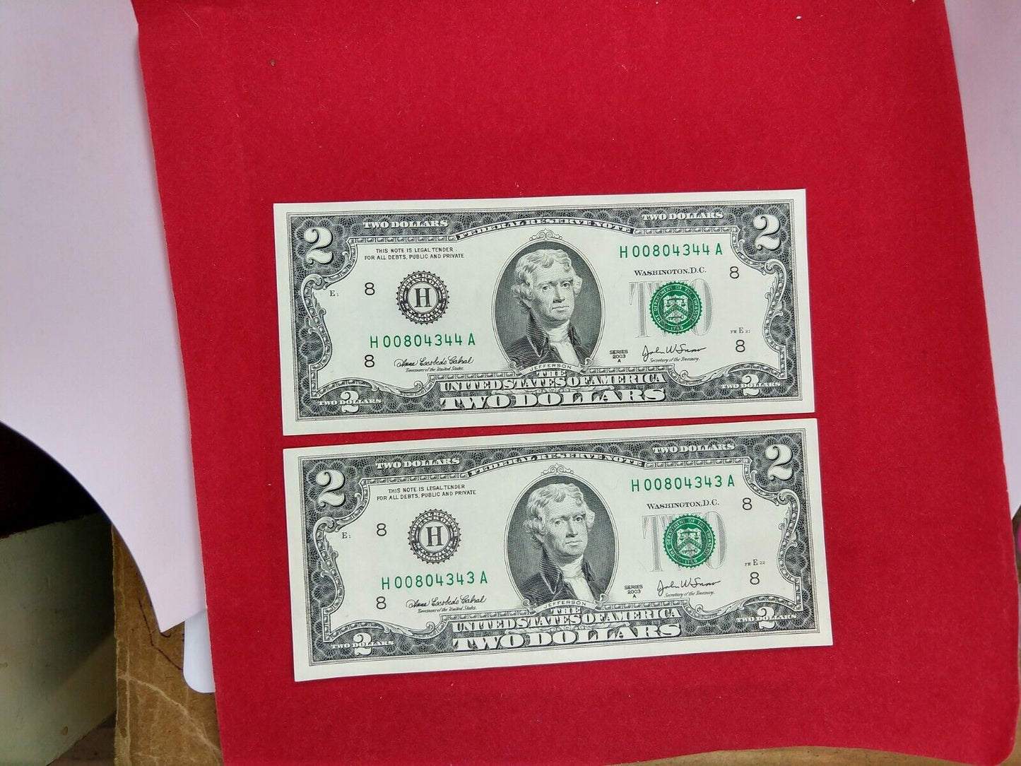 2 CONSECUTIVE 2003 $2 FRN FEDERAL RESERVE NOTE CH UNC REPEAT SERIAL NUMBERS