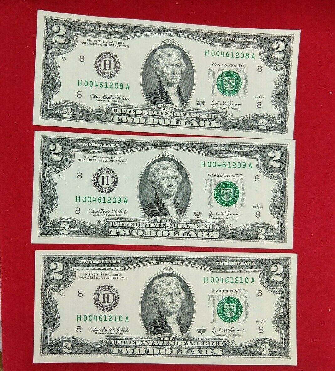3 CONSECUTIVE 2003 A $2 FRN FEDERAL RESERVE NOTE CH UNC GREEN SEAL LOW SERIAL #