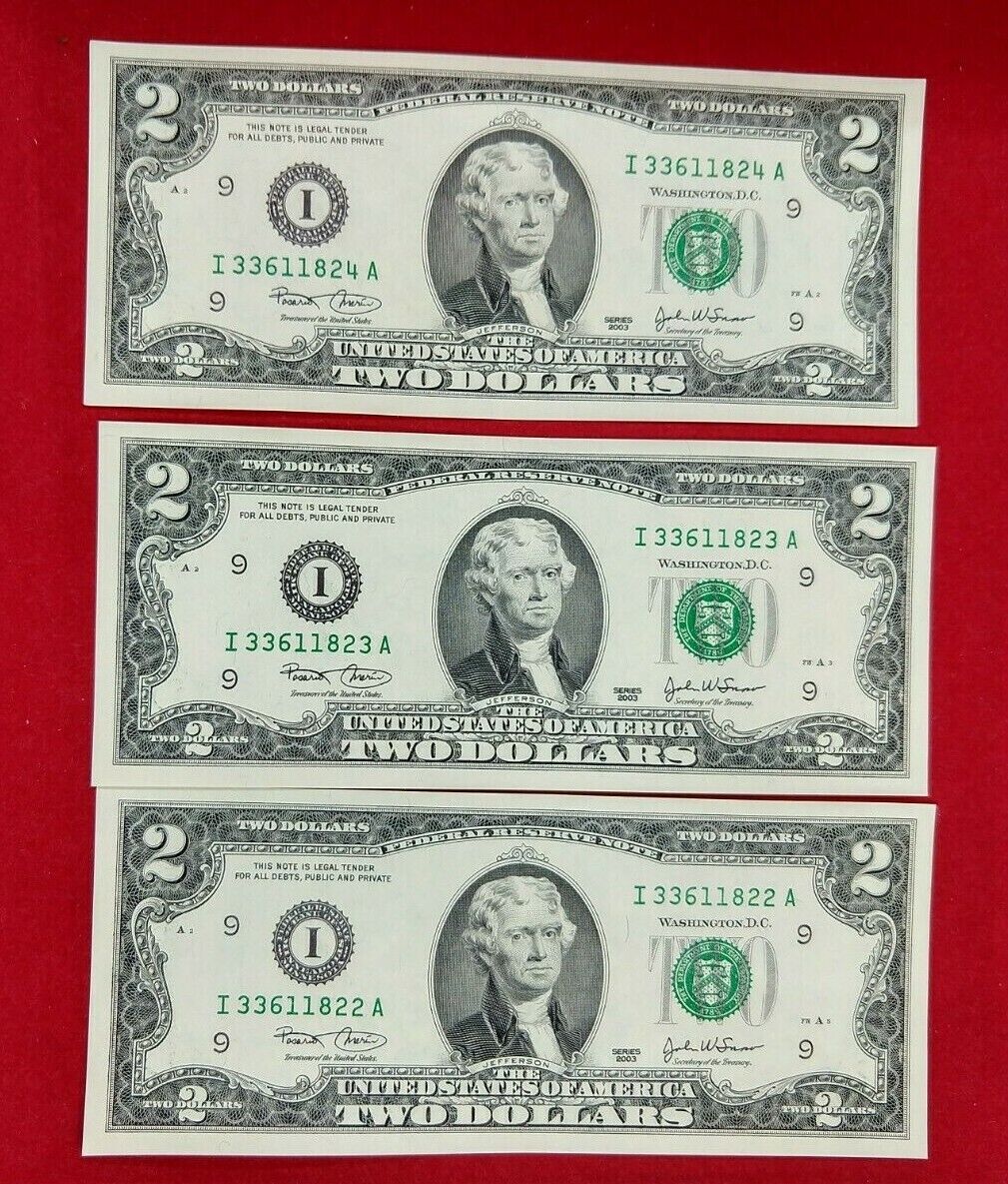 3 CONSECUTIVE $2 2003 FRN FEDERAL RESERVE NOTE CH UNC DOUBLE REPEAT SERIAL #