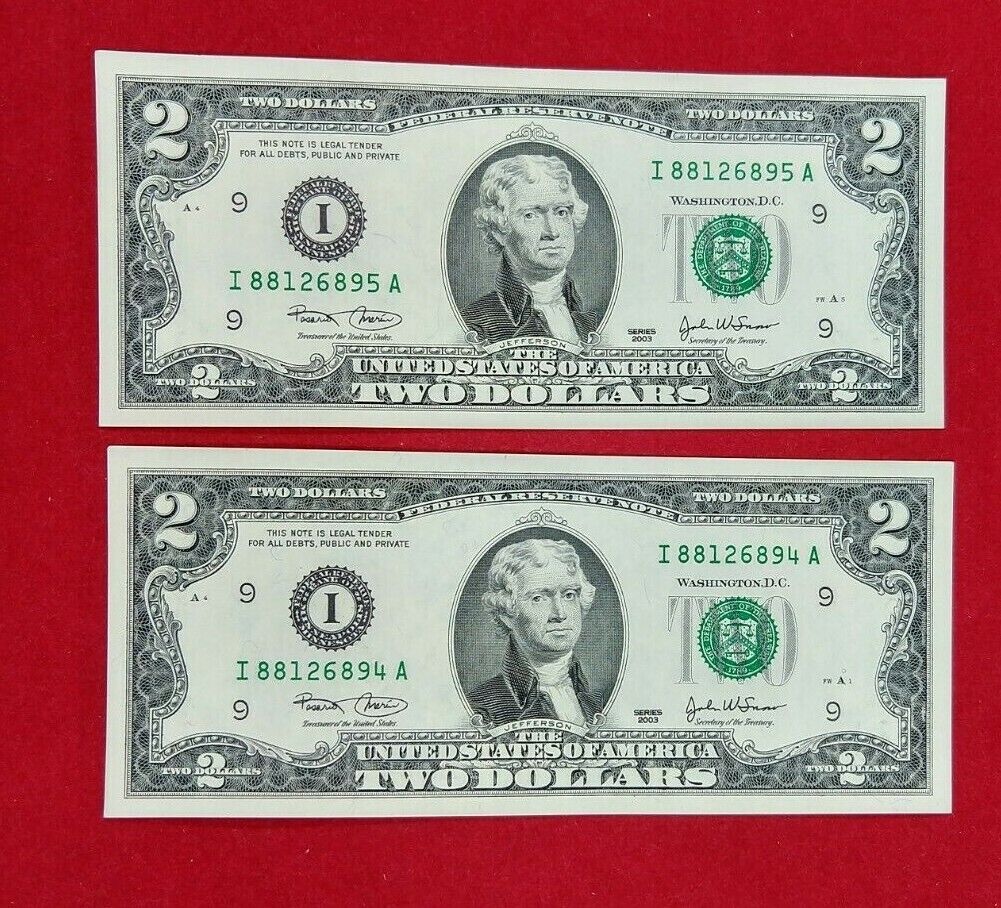 2 CONSECUTIVE $2 2003 FRN FEDERAL RESERVE NOTE CH UNC GREEN SEAL REPEAT SERIAL #