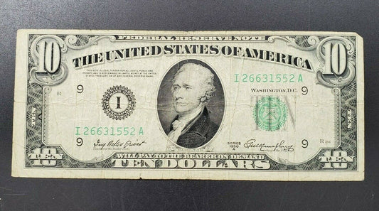 1950 A $10 Green Seal FRN Federal Reserve Note VG / FINE DBL REPEAT SERIAL #