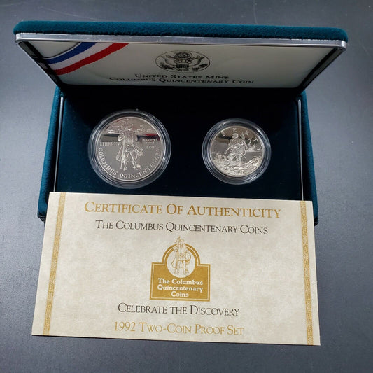 1992 Columbus Commemorative 2 PC Silver Dollar & Half Dollar Coin Set DCAM PROOF