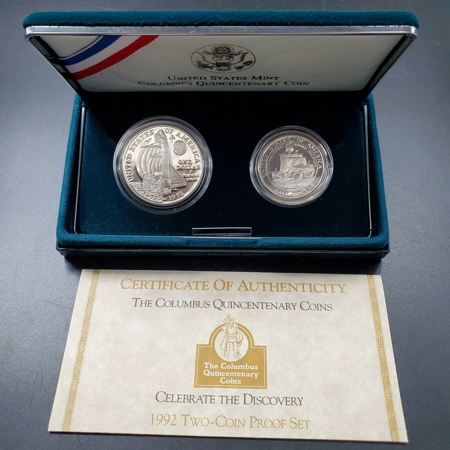 1992 Columbus Commemorative 2 PC Silver Dollar & Half Dollar Coin Set DCAM PROOF