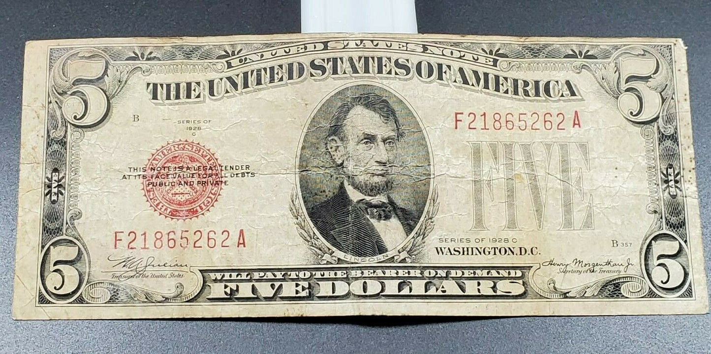 1928 C $5 Five Dollar United States Red Seal Note Misaligned A Letter Error VG