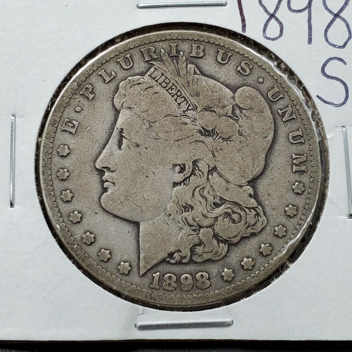 1898 S $1 Morgan Silver Eagle Dollar Coin Fine / VF Very Fine Filled 9 VAM Date