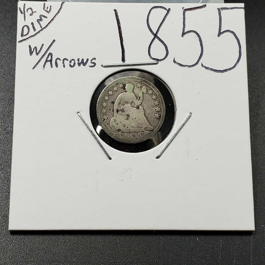1855 Liberty Seated Half Dime Silver Coin Full Date Circulated W Arrows Variety