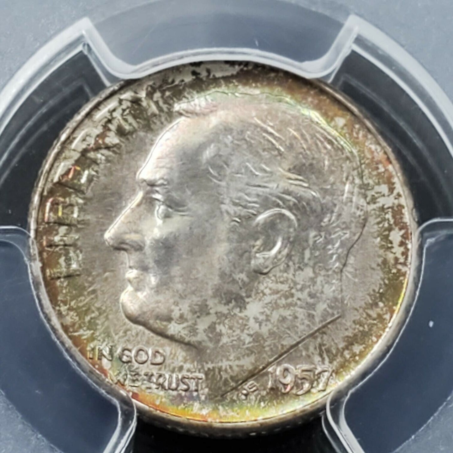 1957 D Roosevelt 10c Silver Dime Coin PCGS MS66 PQ * Rainbow Toning Obverse Tone