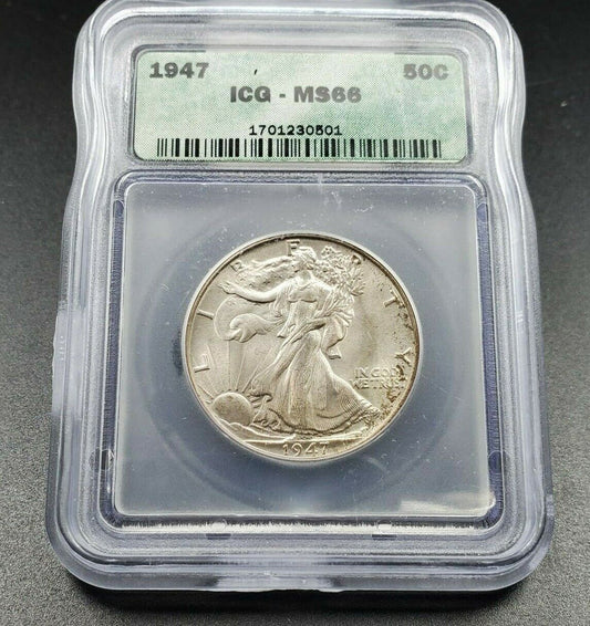 1947 P Walking Liberty Silver Half Dollar Coin GEM BU Retro ICG MS66 Some Toning