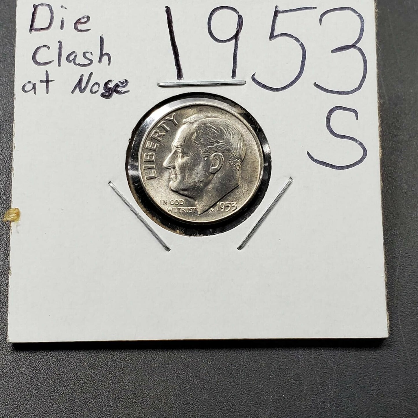 1953 S Roosevelt Silver Dime Coin Die Clash on nose + chips error variety Gem BU