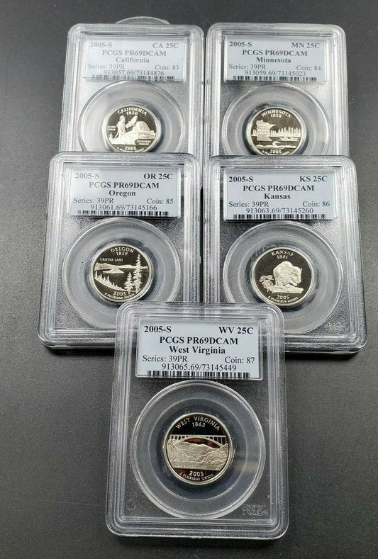 2005 S Complete 5 Coin CLAD Proof Quarter Set PCGS Graded PR69 DCAM