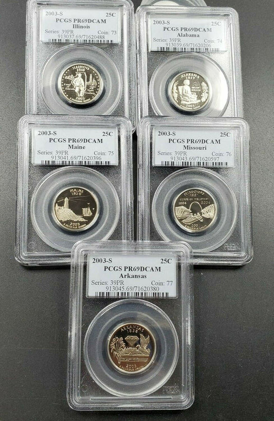 2003 S Complete 5 Coin CLAD Proof Quarter Set PCGS Graded PR69 DCAM