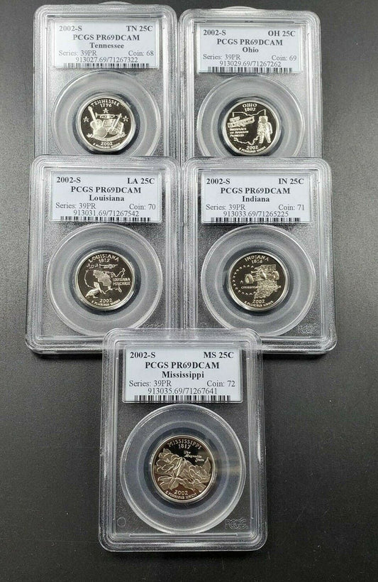 2001 S Complete 5 Coin CLAD Proof Quarter Set PCGS Graded PR69 DCAM