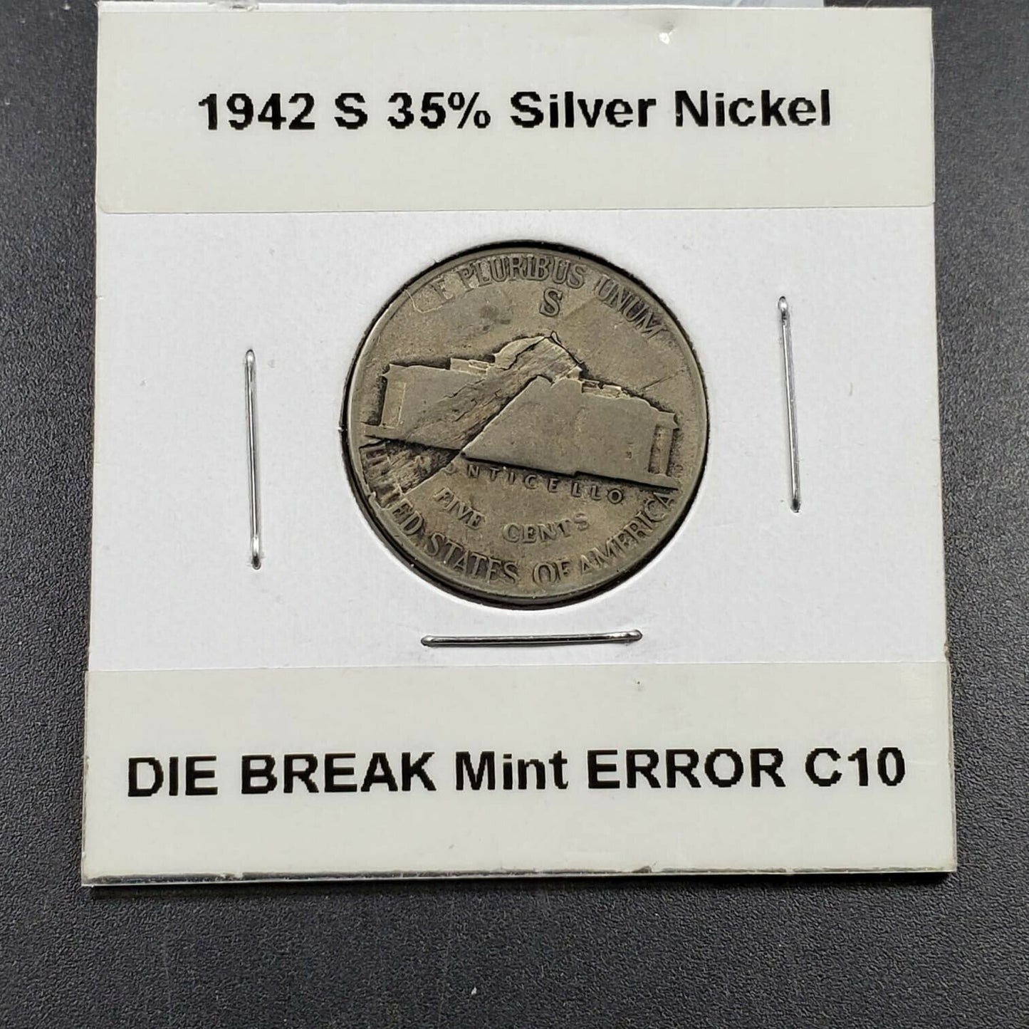 1942 S Type 2 Jefferson Silver WW2 Era Nickel Die Break Error Coin Circulated