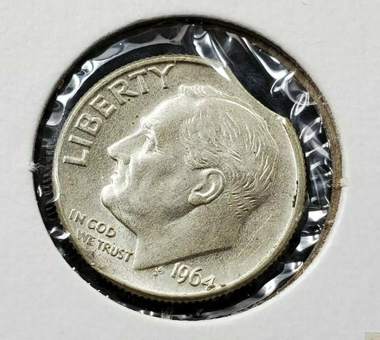 1964 D Roosevelt Silver Dime Clipped Planchet Error BU UNC