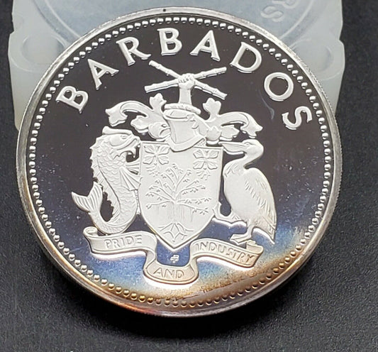 NICE TONED Barbados 25 dollars 10th Anniversary Caribbean Bank proof silver 1980