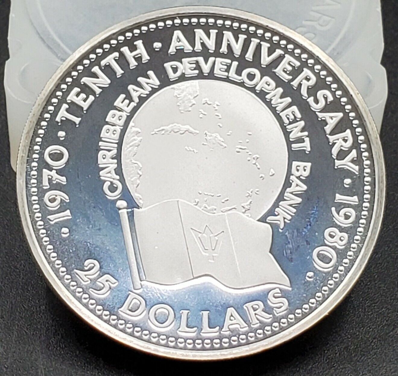 NICE TONED Barbados 25 dollars 10th Anniversary Caribbean Bank proof silver 1980