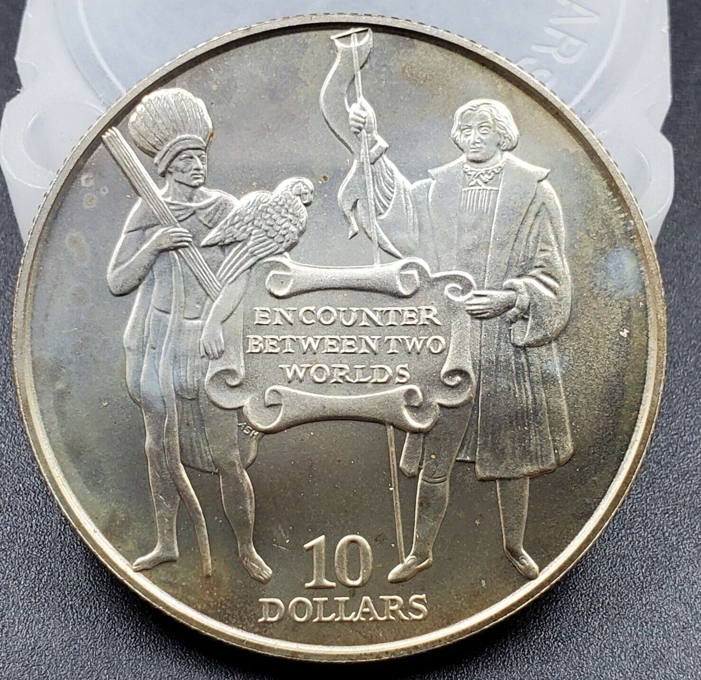 Barbados 1992 Columbus Native 10 Dollars Silver Coin MATTE FINISH MINTAGE 500