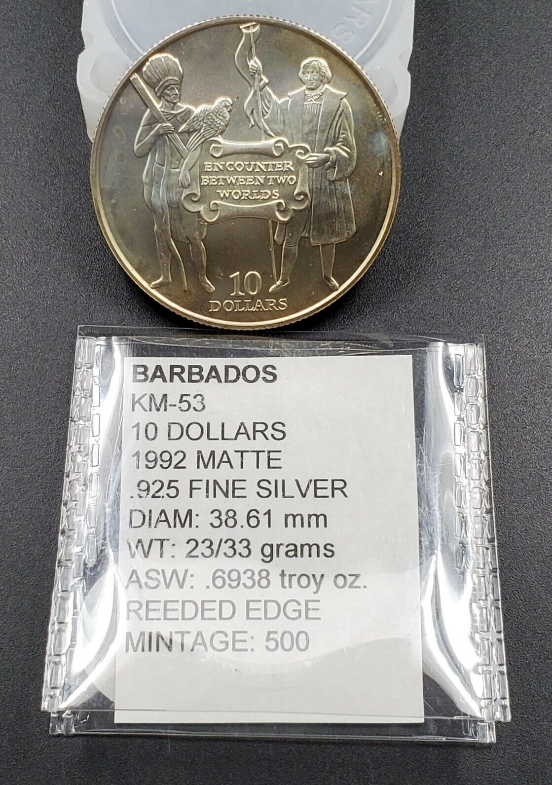 Barbados 1992 Columbus Native 10 Dollars Silver Coin MATTE FINISH MINTAGE 500