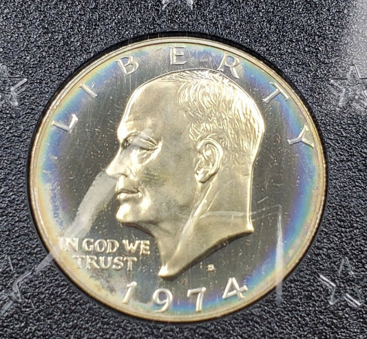 1974 S $1 Eisenhower Brown Ike 40% Proof Silver Dollar PQ Blue HALO Toning DCAM