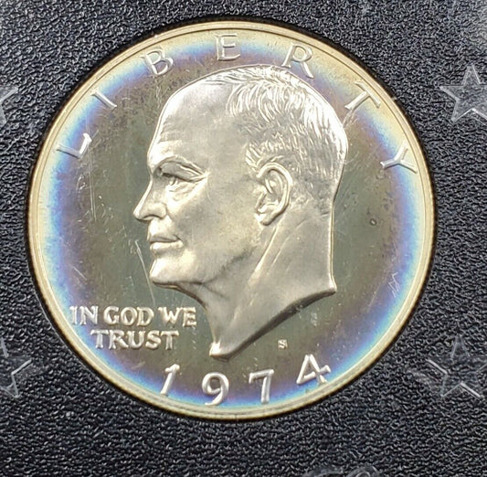 1974 S $1 Eisenhower Brown Ike 40% Proof Silver Dollar PQ Blue HALO Toning DCAM1
