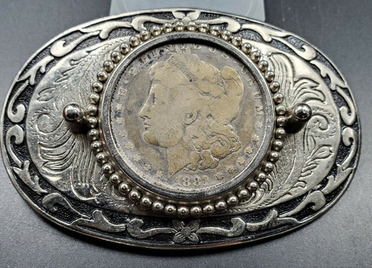 AUTHENTIC 1881 MORGAN SILVER DOLLAR COIN N BIG WHITE METAL BELT BUCKLE TEXAS-ISH