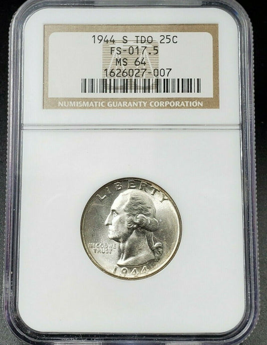 1944 S 25c Washington Quarter NGC MS64 FS-017.5 FS-101 DDO Double Die OBV TDO