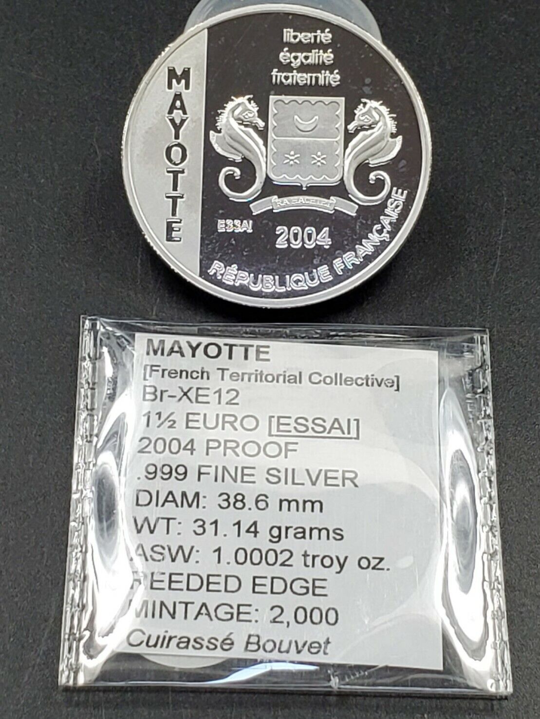 2004 1.50E France Mayotte Essai 1.5 Euro Proof Silver Coin Gem Proof 2k Mintage