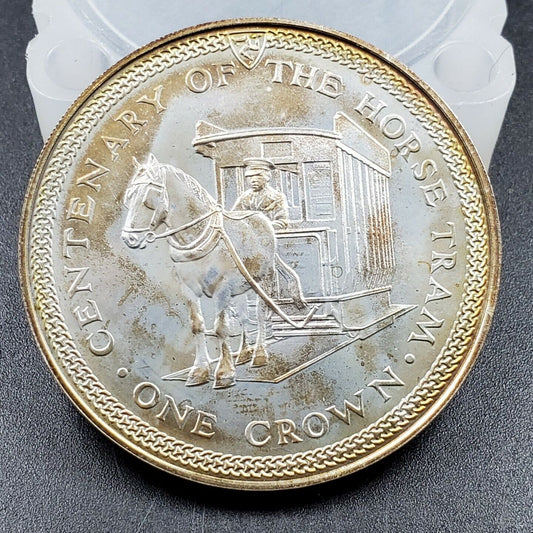 1976 Isle Of Man Crown Horsetram CENTENARY Silver Coin Neat Toning GEM BU UNC