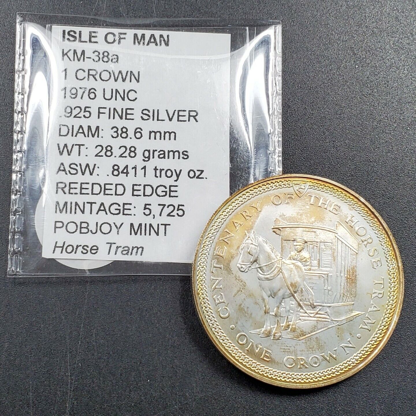 1976 Isle Of Man Crown Horsetram CENTENARY Silver Coin Neat Toning GEM BU UNC