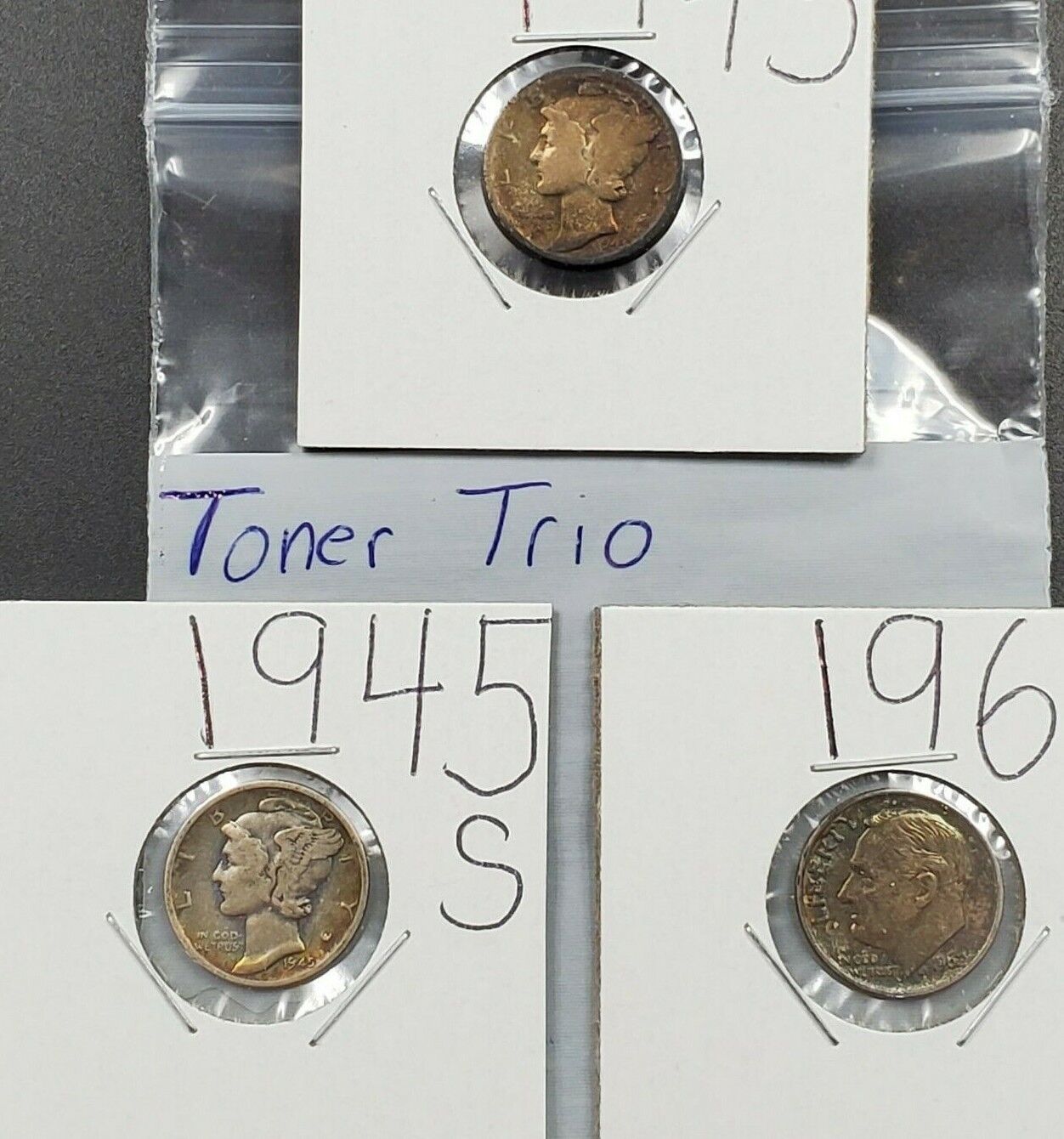 Toner Trio PQ Rainbow Toned Circ 1945 S Dime + Two other nice toned dime 3 coins