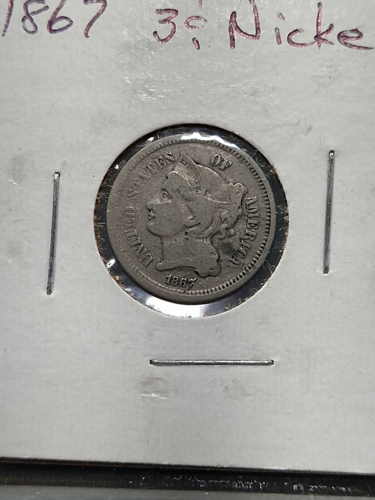 1867 P 3c Liberty Three Cent Nickel Coin Average Good / VG