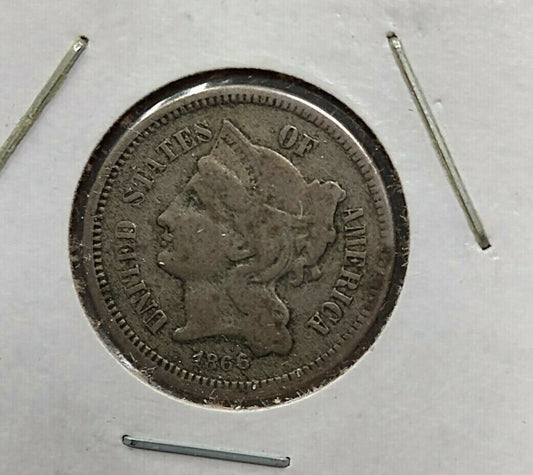 1866 P 3c Liberty Three Cent Nickel Coin Choice Fine Nearly VF Circulated