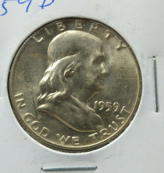 1959 D Franklin Silver 90% Half Dollar Coin CH BU UNC Die Chips Reverse Variety