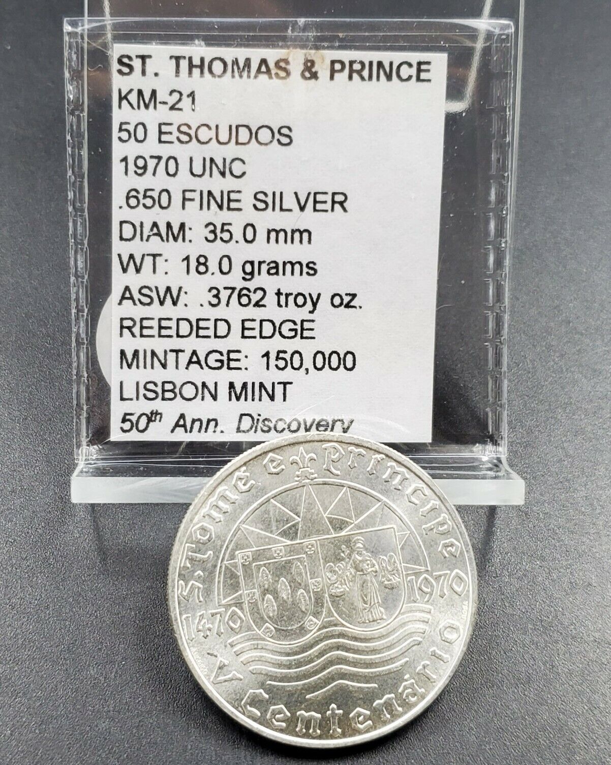 1970 500th Anniversary Saint Thomas & Prince Portuguese 50 Escudos Coin GEM BU