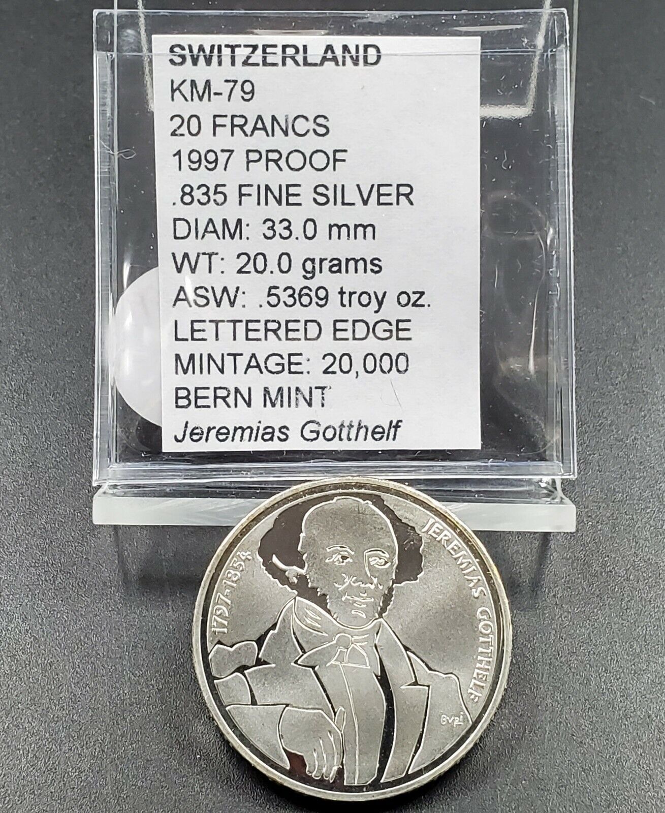 1997 Switzerland Jeremias Gotthelf 20 Francs Silver Gem Proof Bern Mint 20k Made