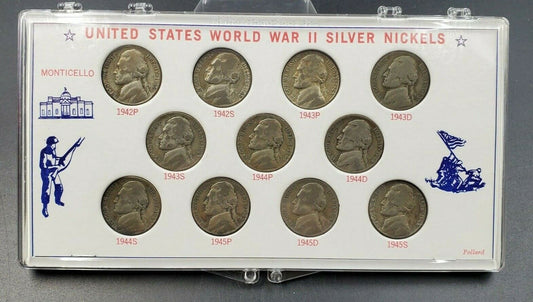 1942 - 1945 PDS WW2 Wartime War Silver Jefferson Nickel Circulated 11 Coin Set
